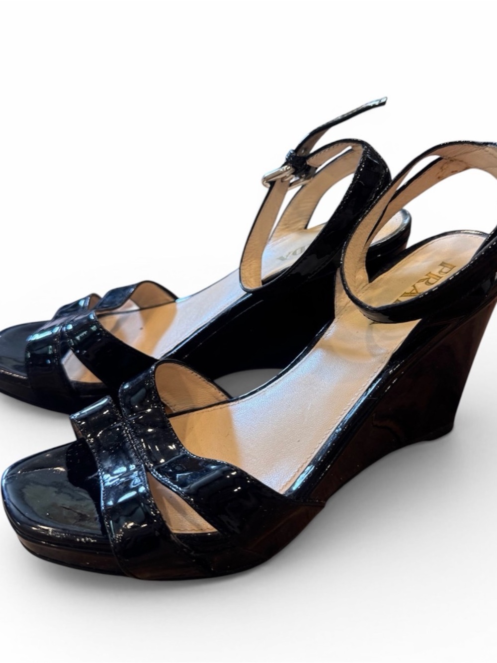 Prada Black Patent Leather Strappy Ankle-Heel Sandals